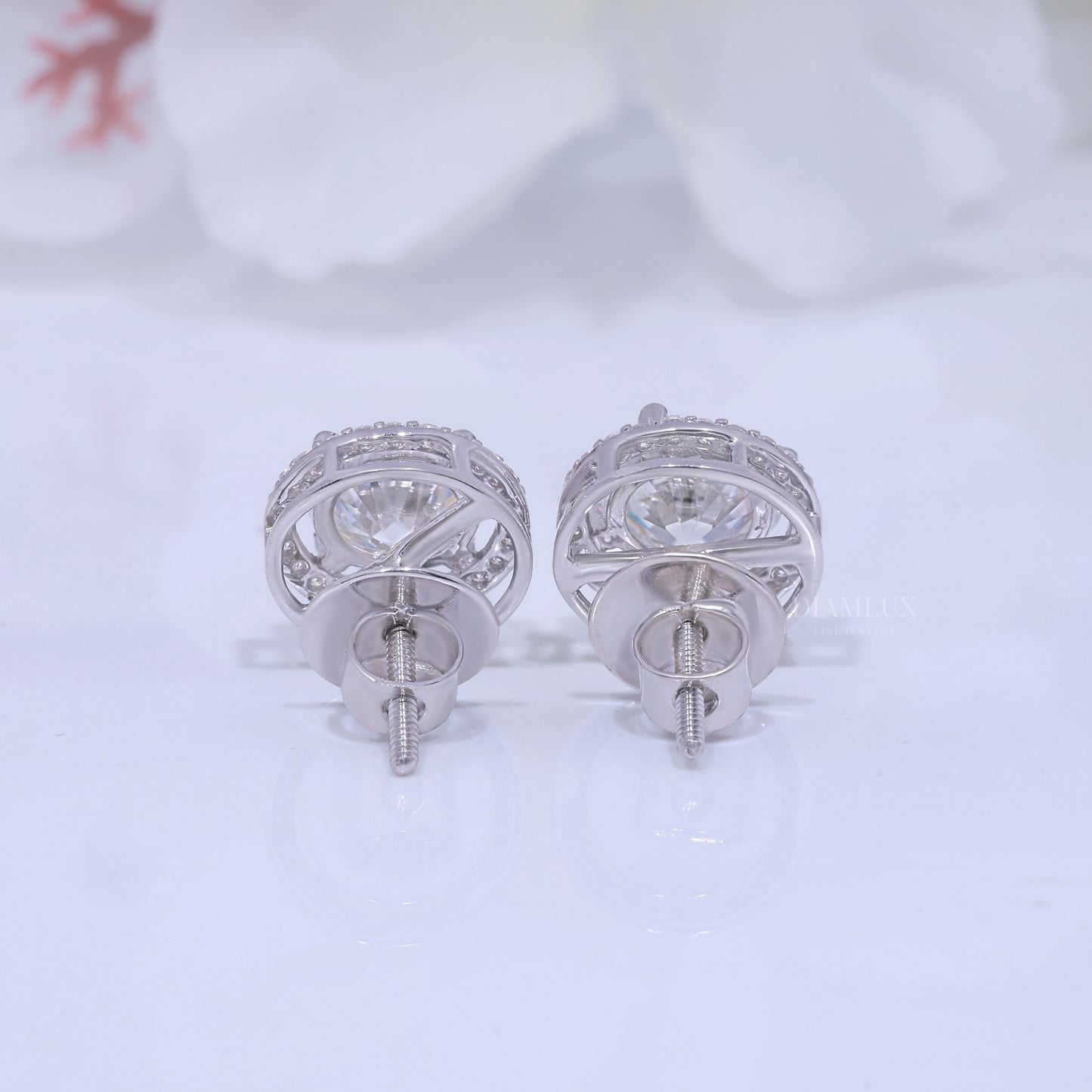 White Gold Halo Diamond Stud Earrings with Moissanite Diamonds Diamlux Fine Jewelry