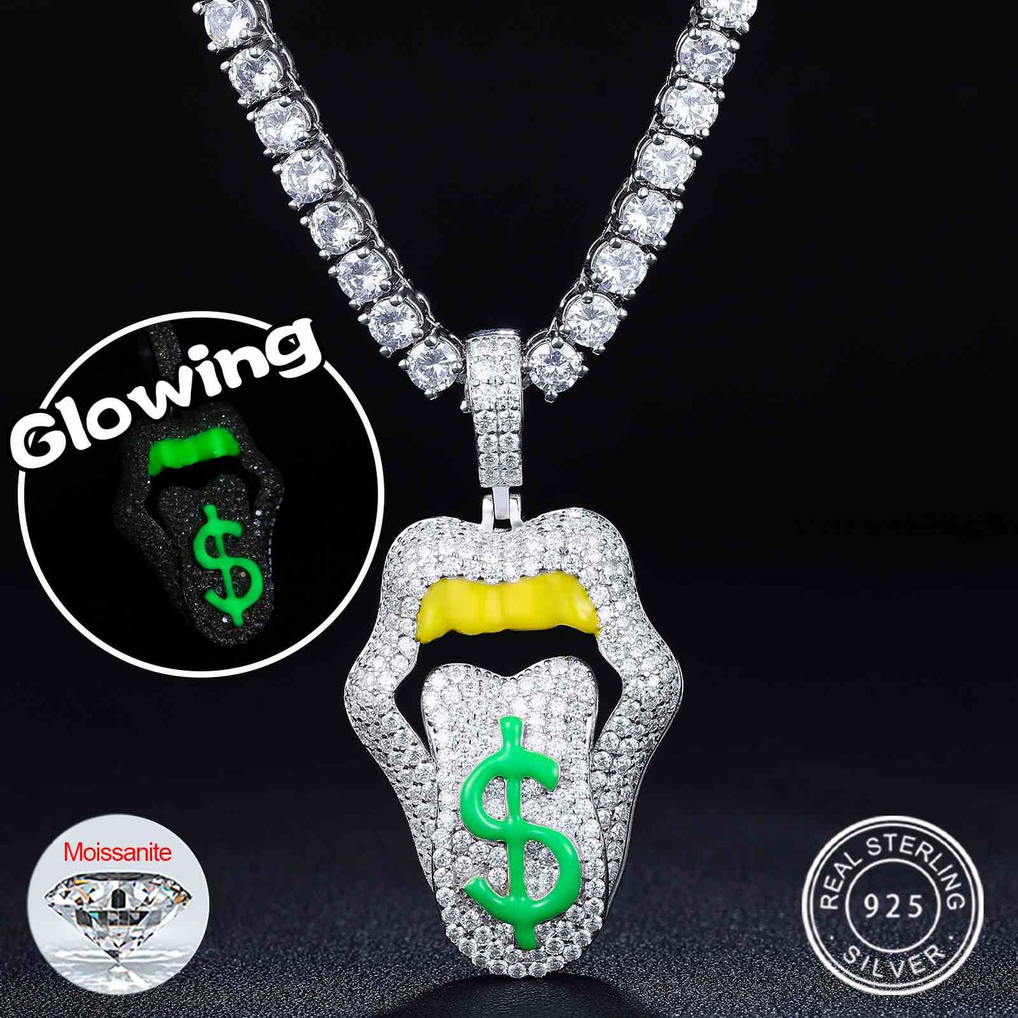 Dimmable Dollar Lip Mouth Pendant  With Moissanite Diamond Diamlux