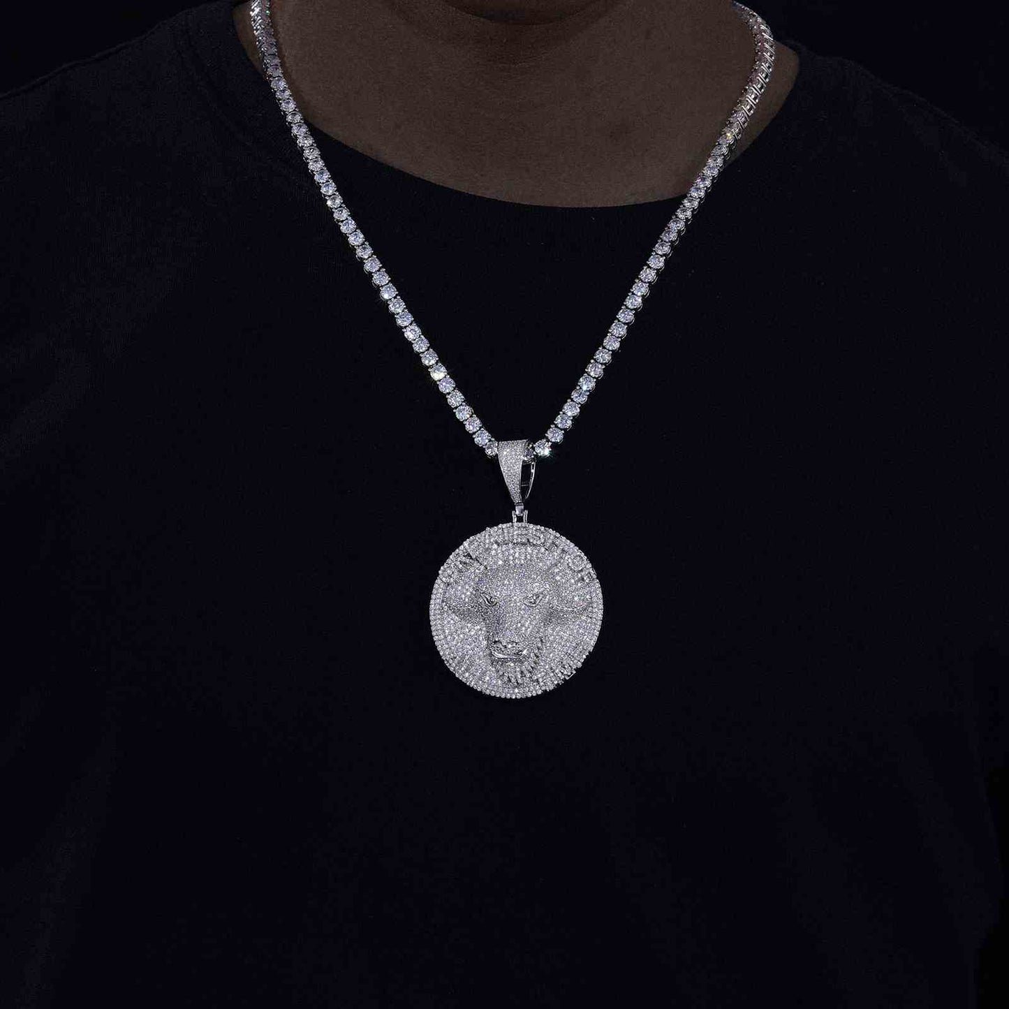 Goat Pendant with a Round Tag with  Moissanite Diamond Diamlux