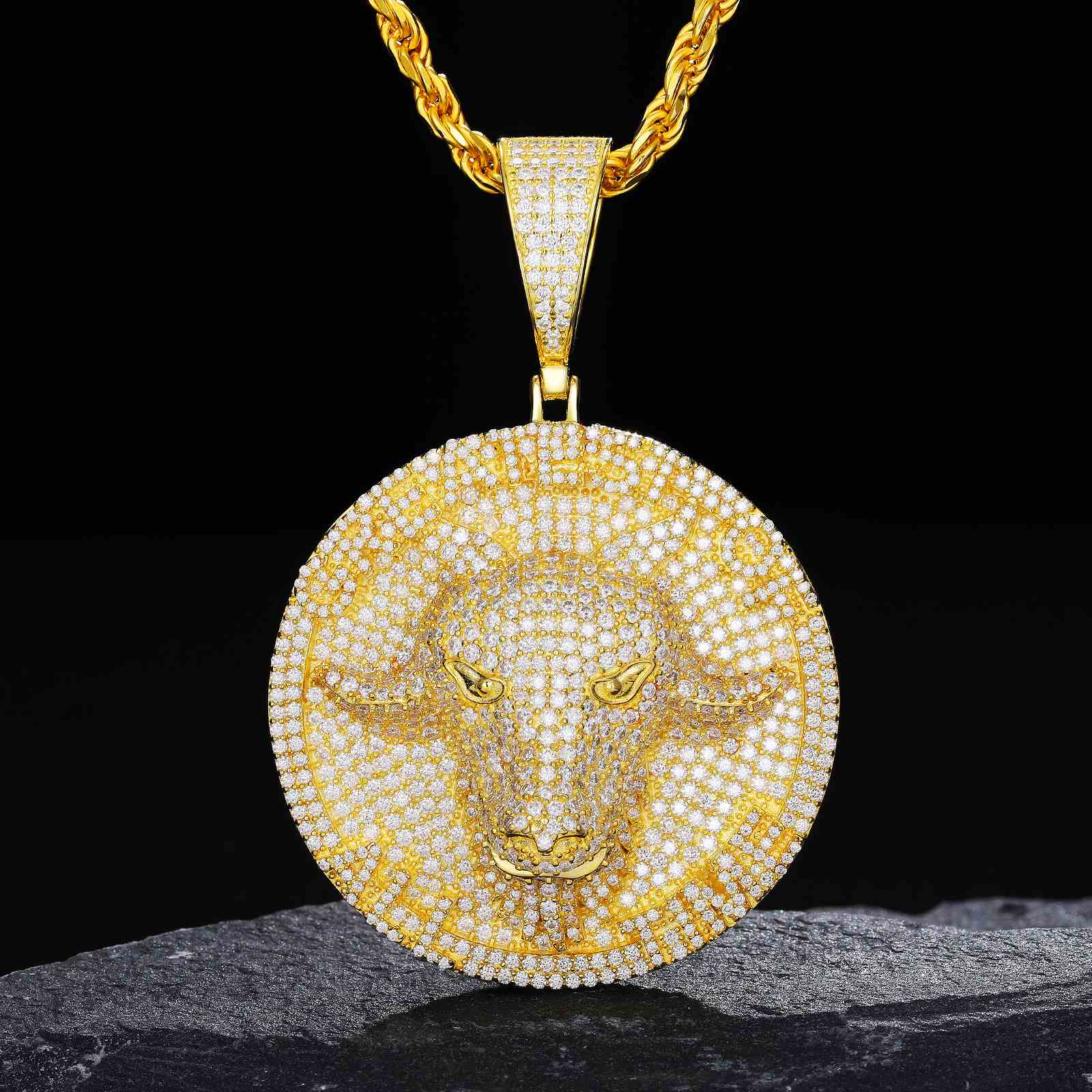 Goat Pendant with a Round Tag with  Moissanite Diamond Diamlux
