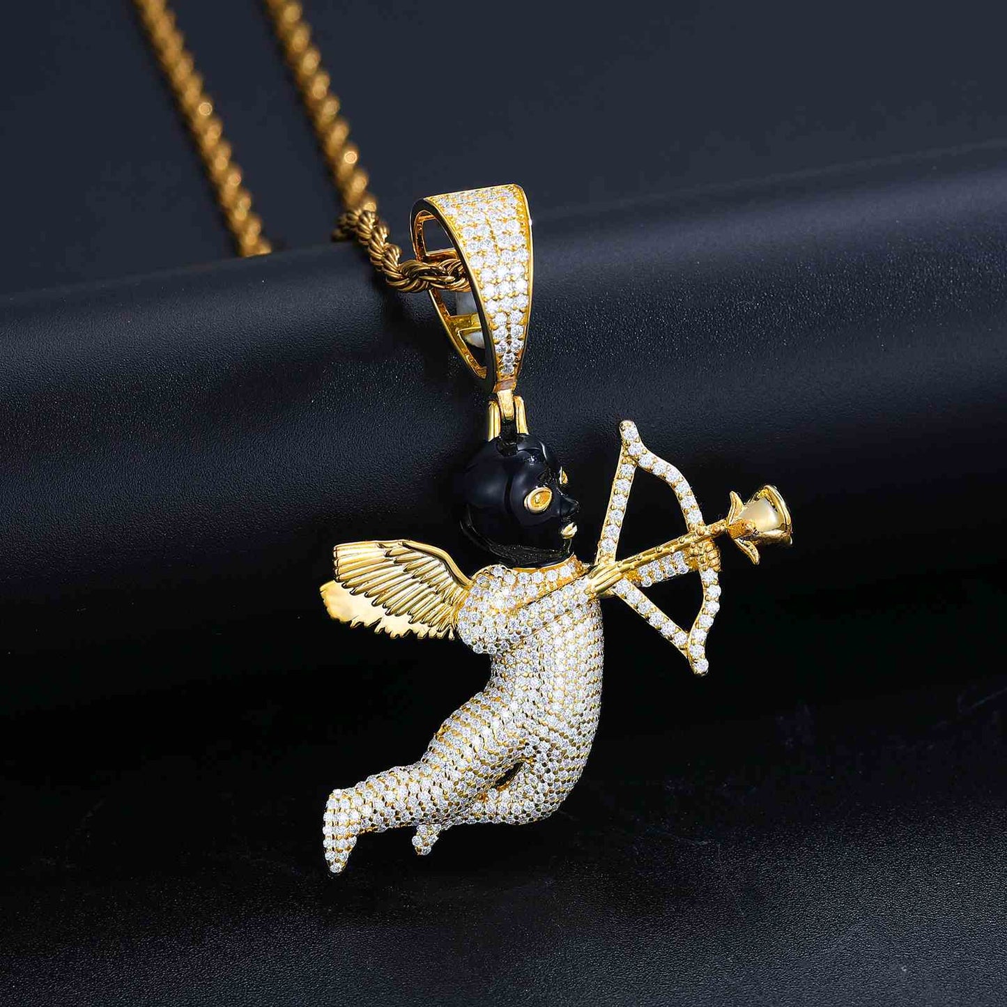 Pendant of an Angelic Cupid and a Black Masked Eros Arrow with Moissanite Diamond Diamlux