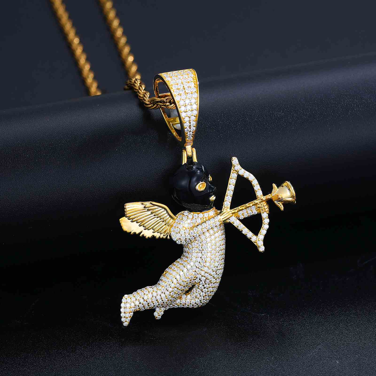 Pendant of an Angelic Cupid and a Black Masked Eros Arrow with Moissanite Diamond Diamlux