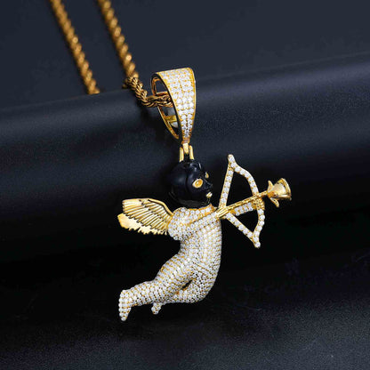 Pendant of an Angelic Cupid and a Black Masked Eros Arrow with Moissanite Diamond Diamlux