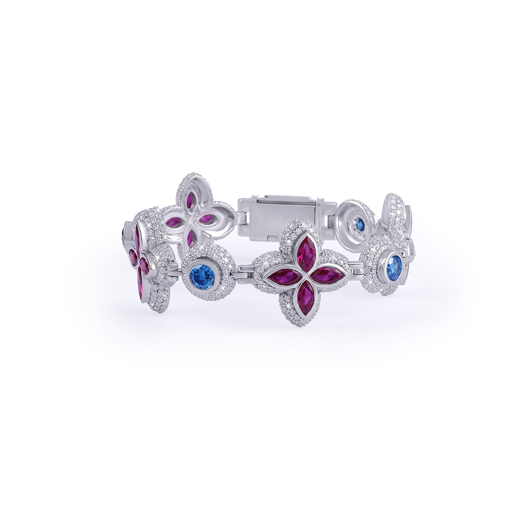 Floral Ruby & Sapphire Blossom Bracelet in White Gold-DX-BC-0104 Diamlux
