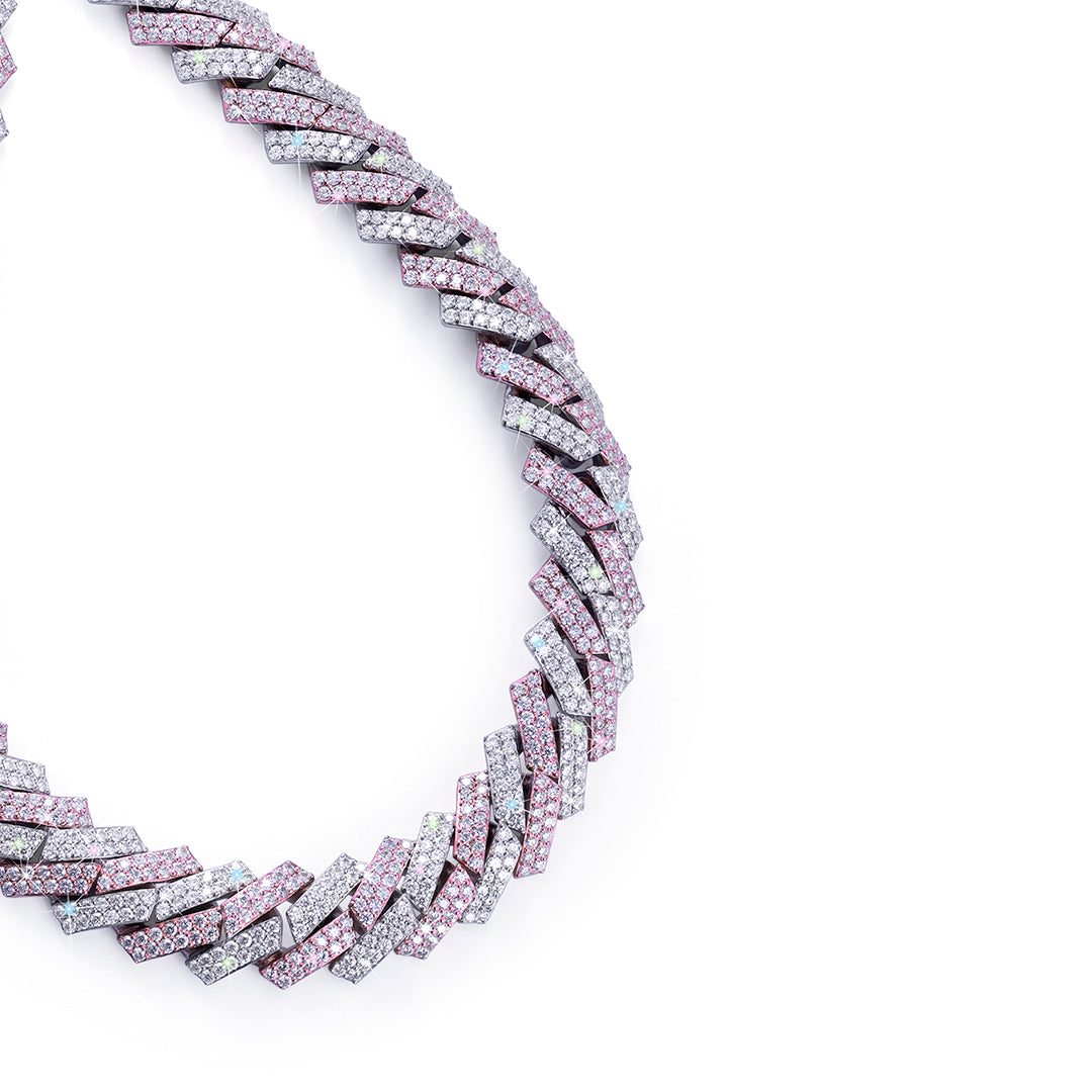 Two-Tone Pink & White Prong Set Cuban Chain – Flashy Bling Chain-DX-CN-0108 Diamlux