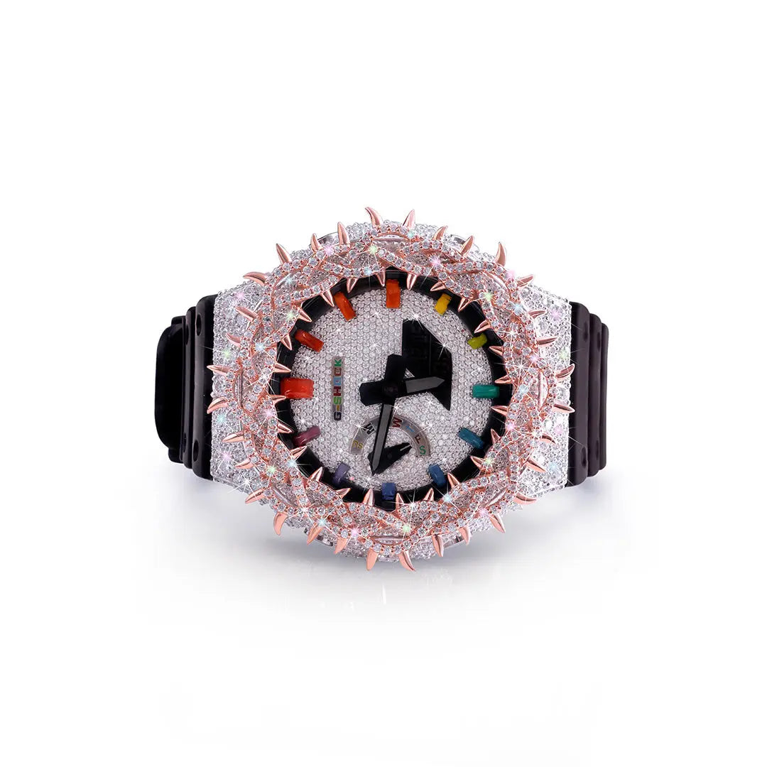 Rainbow Inferno: Diamond-Encrusted G-Shock with Rose Gold Flame Bezel Diamlux