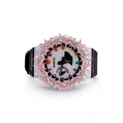 Rainbow Inferno: Diamond-Encrusted G-Shock with Rose Gold Flame Bezel Diamlux