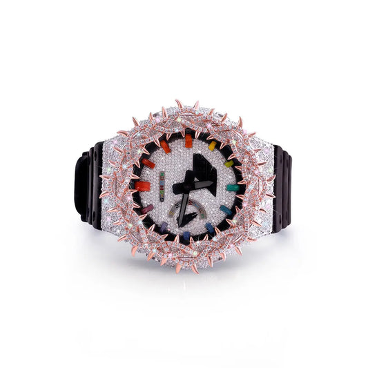 Rainbow Inferno: Diamond-Encrusted G-Shock with Rose Gold Flame Bezel Diamlux