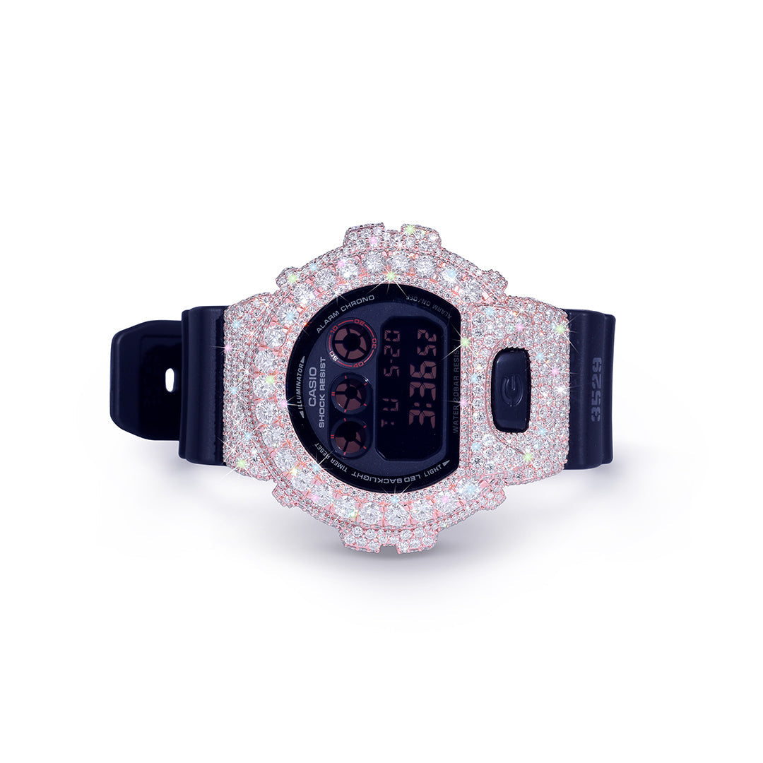 Rose Gold Iced G-Shock – Sparkling Pink Bezel with Black Strap Diamlux
