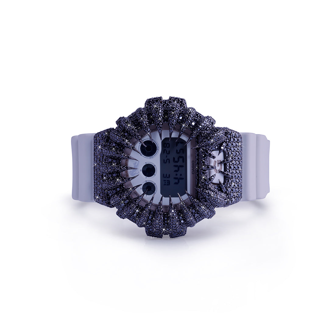 Midnight Panther G-Shock – Black Stone-Studded Bezel with White Strap Diamlux