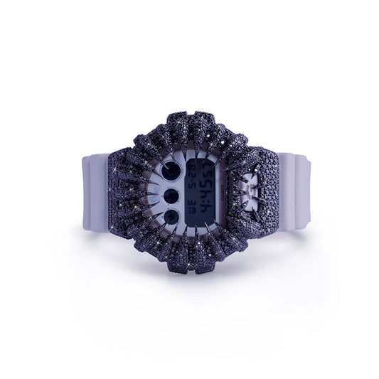 Midnight Panther G-Shock – Black Stone-Studded Bezel with White Strap Diamlux