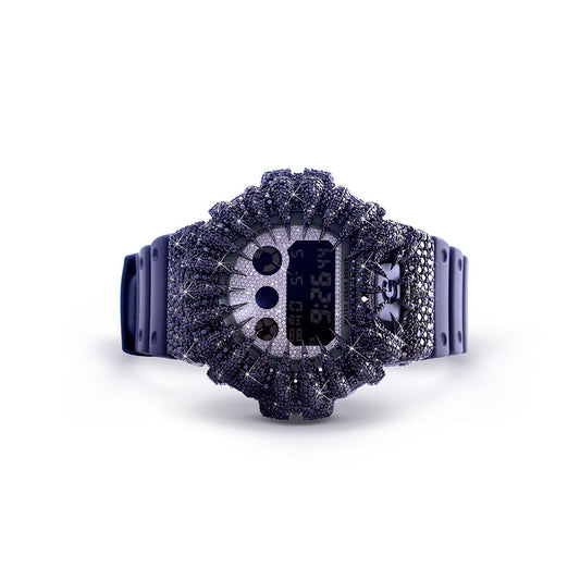 Black Ice G-Shock – Full Jet-Black Diamond Bezel with Navy Strap Diamlux
