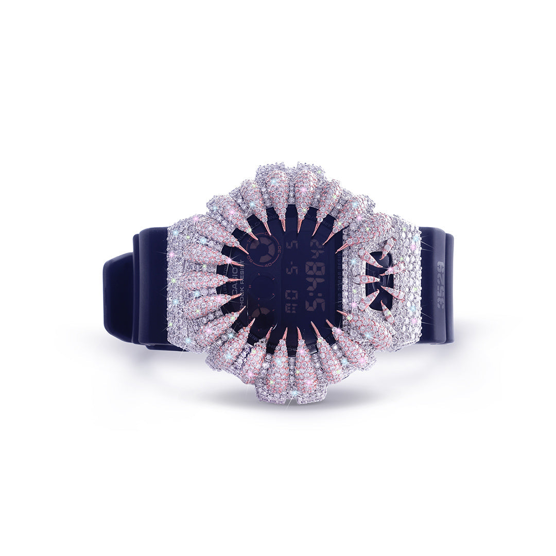 Midnight Black G-Shock with Rose Gold Claw Bezel – Blue Strap Diamlux