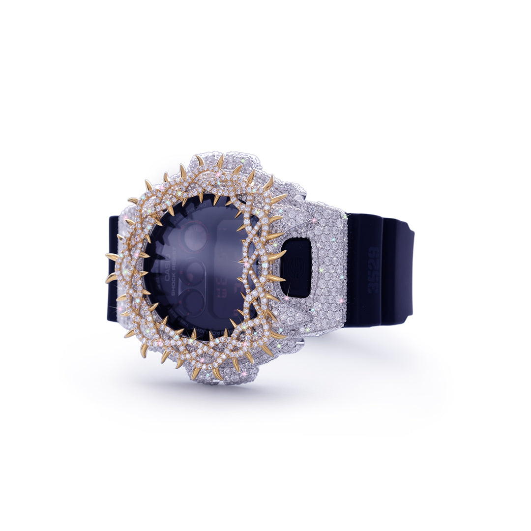 Classic Black G-SHOCK with 3D Iced Crown Bezel & Gold Spikes Diamlux
