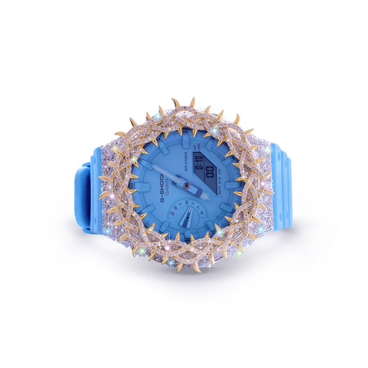 Sky Blue G-SHOCK with Iced-Out Golden Crown Bezel & Gloss Finish Diamlux