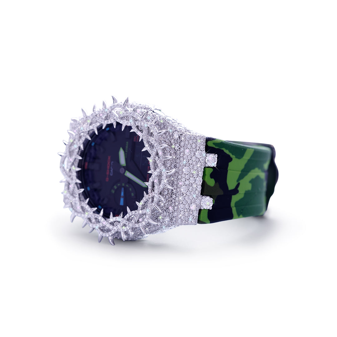 Custom Diamond G-Shock – Spike Bezel with Green Camo Strap Diamlux
