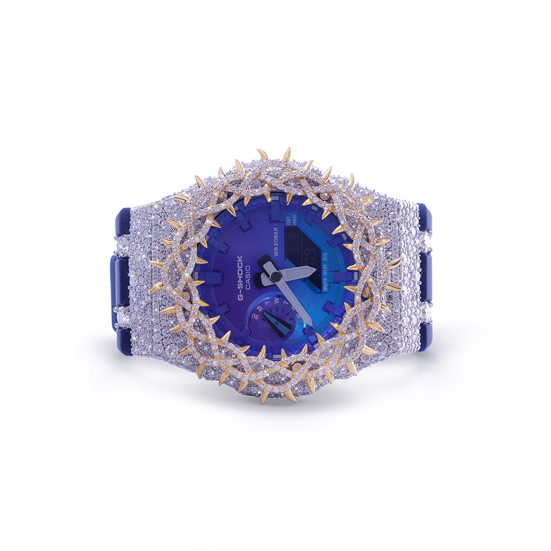 Blue Dial G-Shock with Gold Spiked Iced-Out Bezel Diamlux