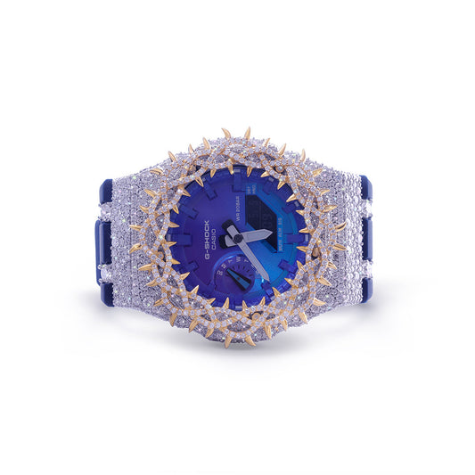 Blue Dial G-Shock with Gold Spiked Iced-Out Bezel Diamlux