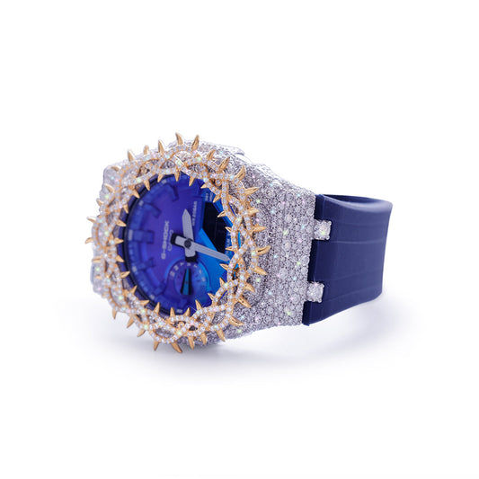 Blue Dial G-Shock with Gold Spiked Iced-Out Bezel Diamlux