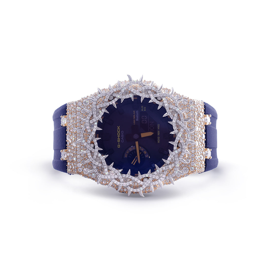 Luxury Diamond G-Shock with Gold Accents – Matte Blue Strap Diamlux