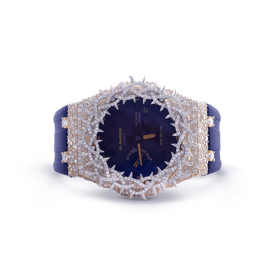 Luxury Diamond G-Shock with Gold Accents – Matte Blue Strap Diamlux