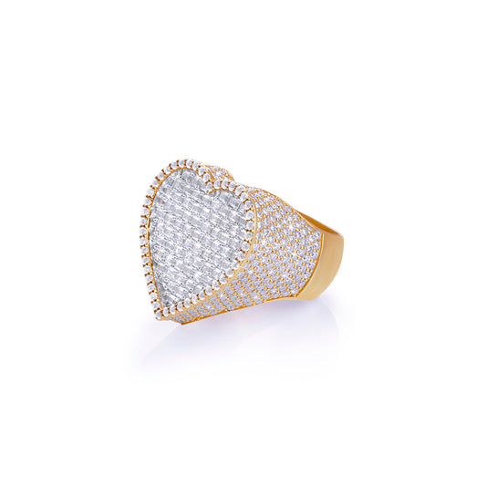 Iced Heart-Shaped Gold Statement Ring Diamlux
