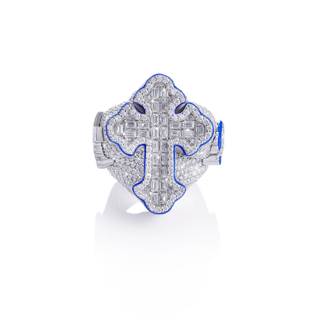 Blue Trimmed Cross Iced Ring – Bold Religious Statement Diamlux