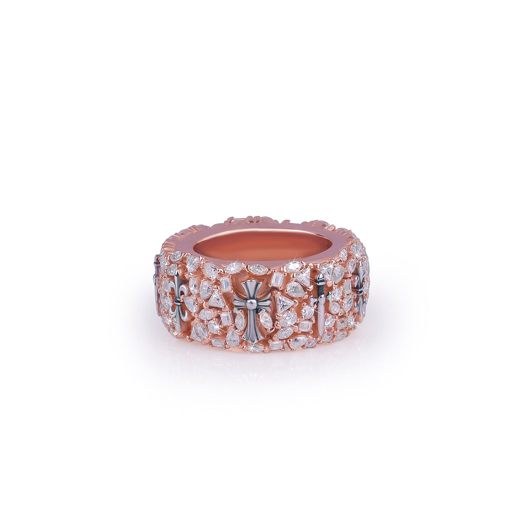 Rose Gold Band Ring with Cross & Stone Detailing Diamlux