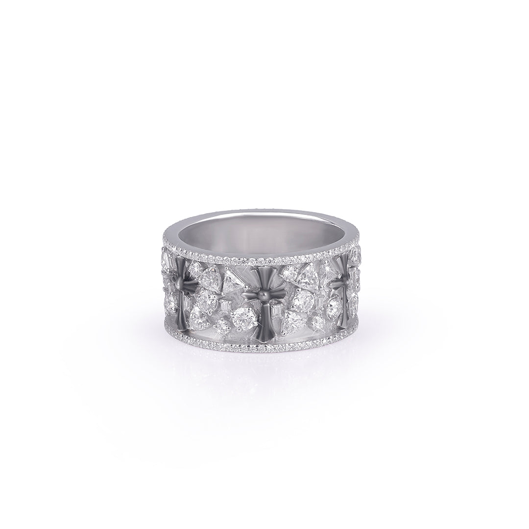 Wide White Gold Band Ring with Cross Detailing Diamlux