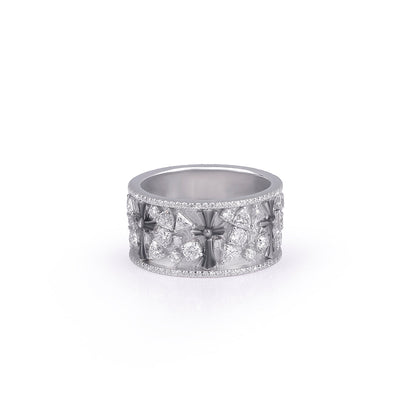 Wide White Gold Band Ring with Cross Detailing Diamlux