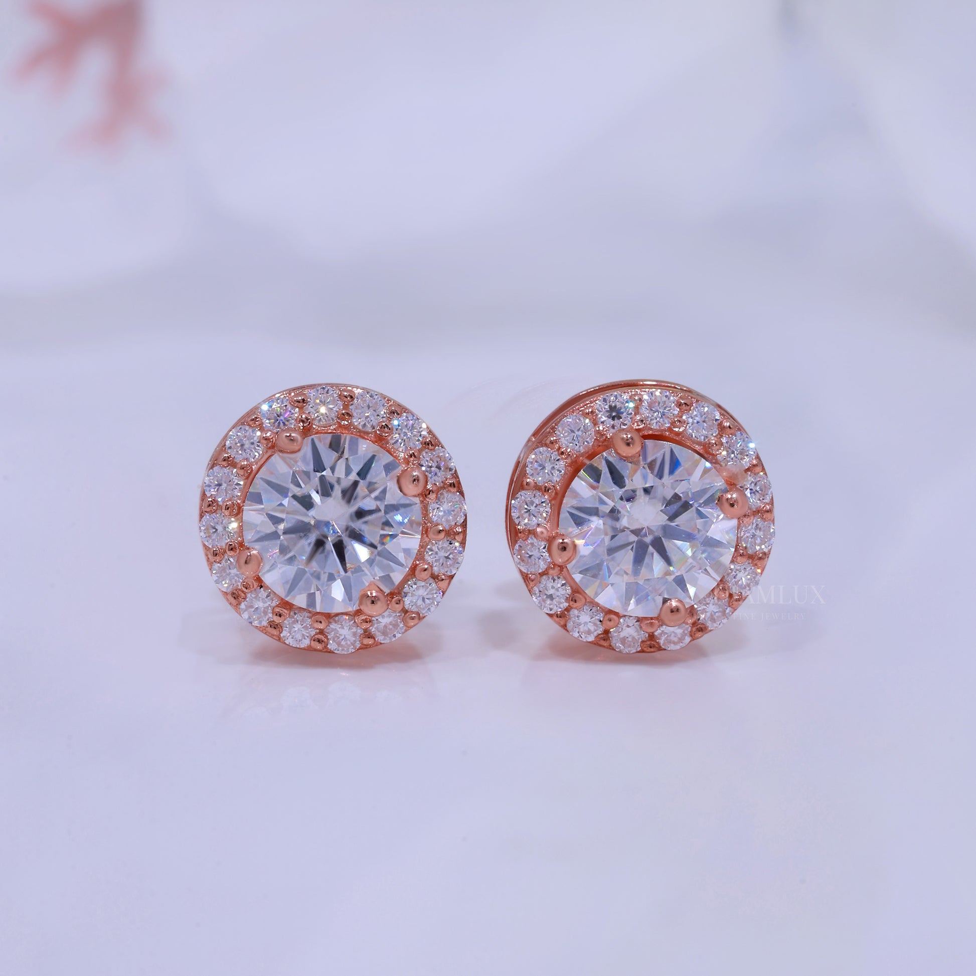 Round Brilliant Cut Solitaire Stud Earrings Rose Gold Diamlux Fine Jewelry