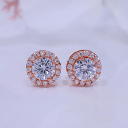 Round Brilliant Cut Solitaire Stud Earrings Rose Gold Diamlux Fine Jewelry