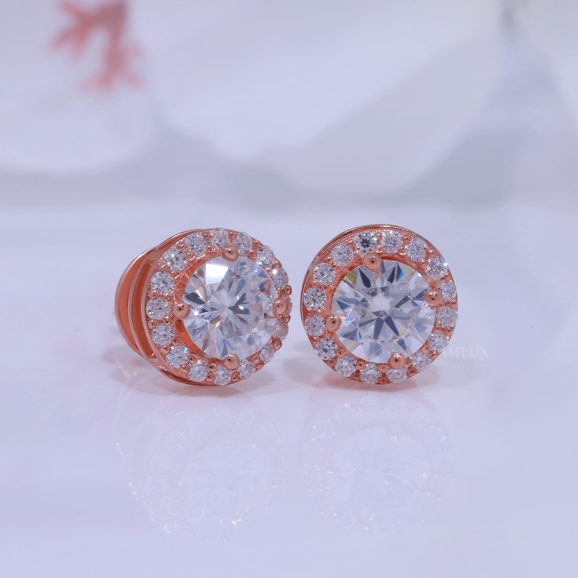 Round Brilliant Cut Solitaire Stud Earrings Rose Gold Diamlux Fine Jewelry