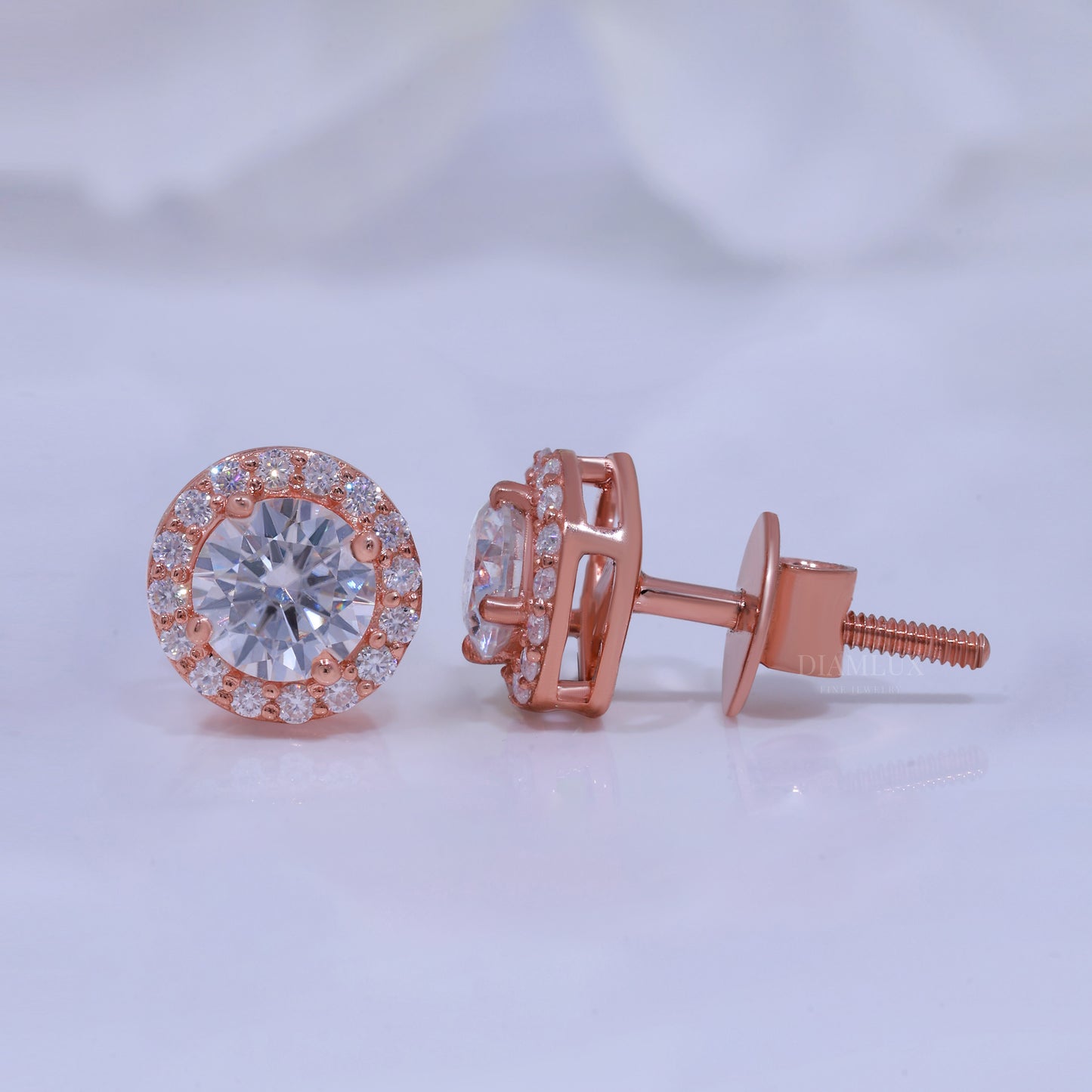 Round Brilliant Cut Solitaire Stud Earrings Rose Gold Diamlux Fine Jewelry