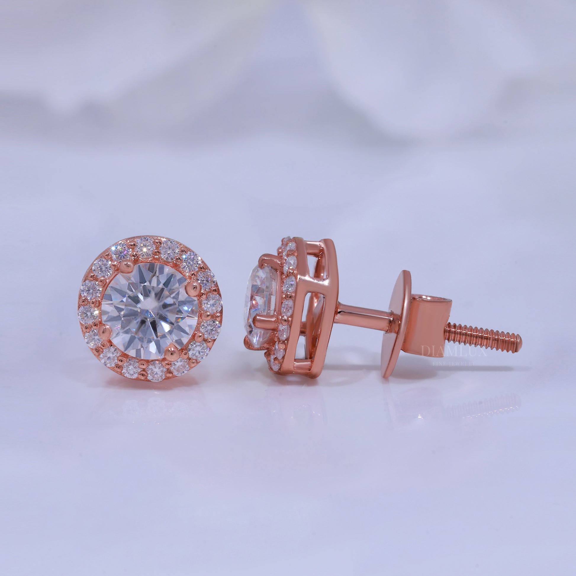Round Brilliant Cut Solitaire Stud Earrings Rose Gold Diamlux Fine Jewelry