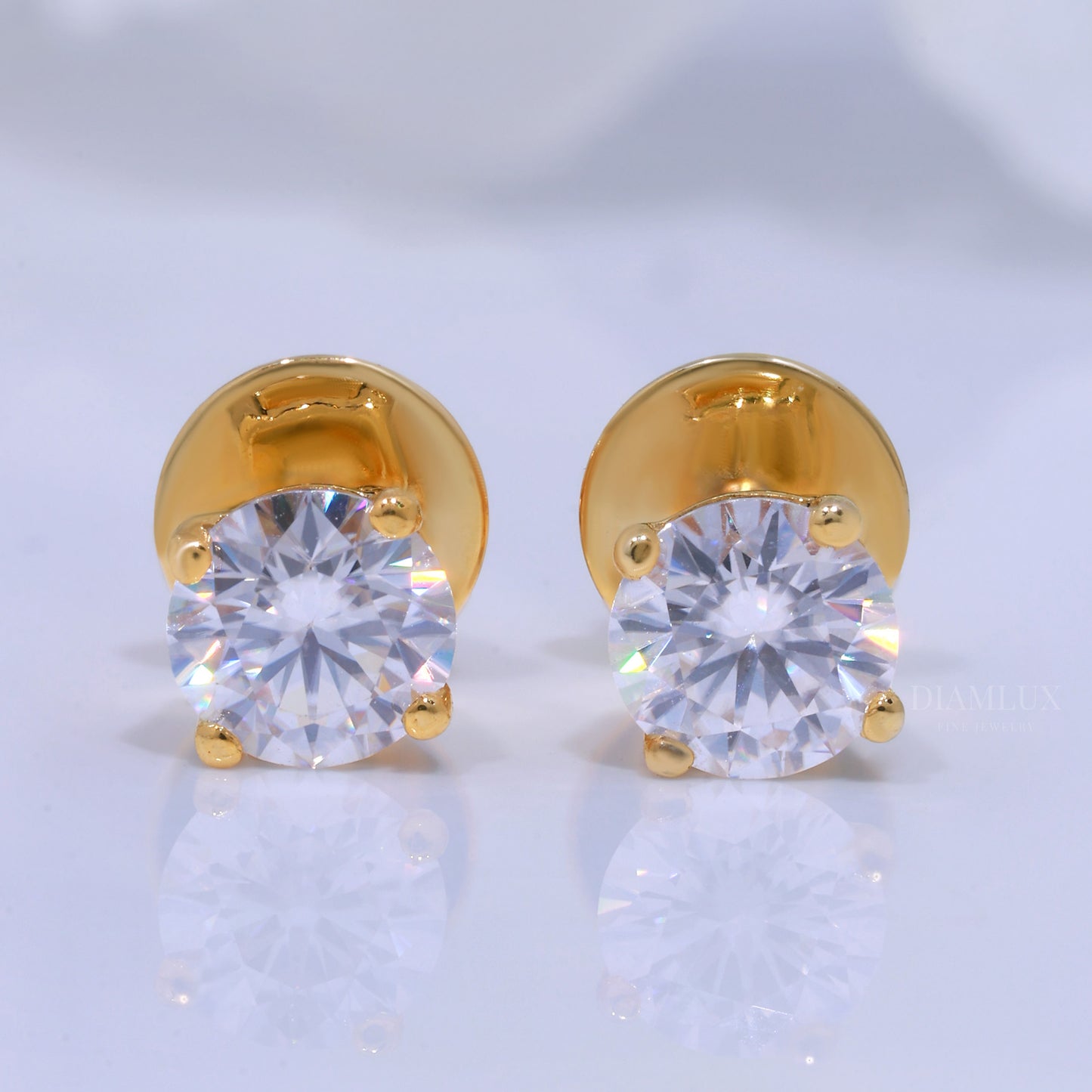 Yellow Gold Solitaire Studs Round Cut Sparkle Earrings Diamlux Fine Jewelry
