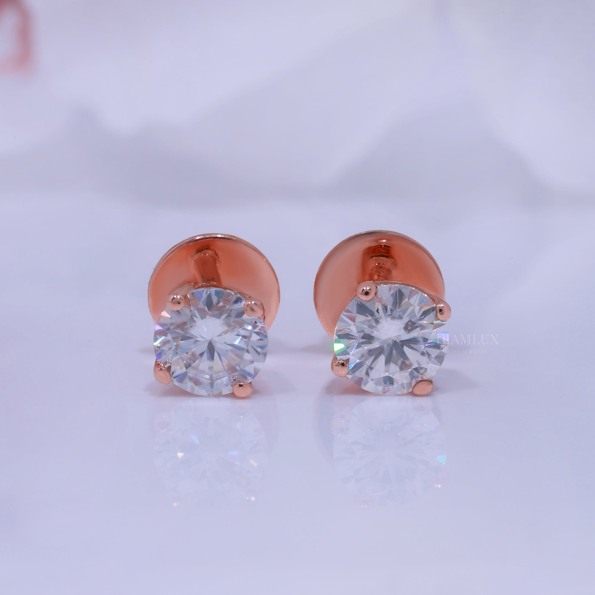 Rose Gold Round Brilliant Cut Diamond Stud Earrings Diamlux Fine Jewelry