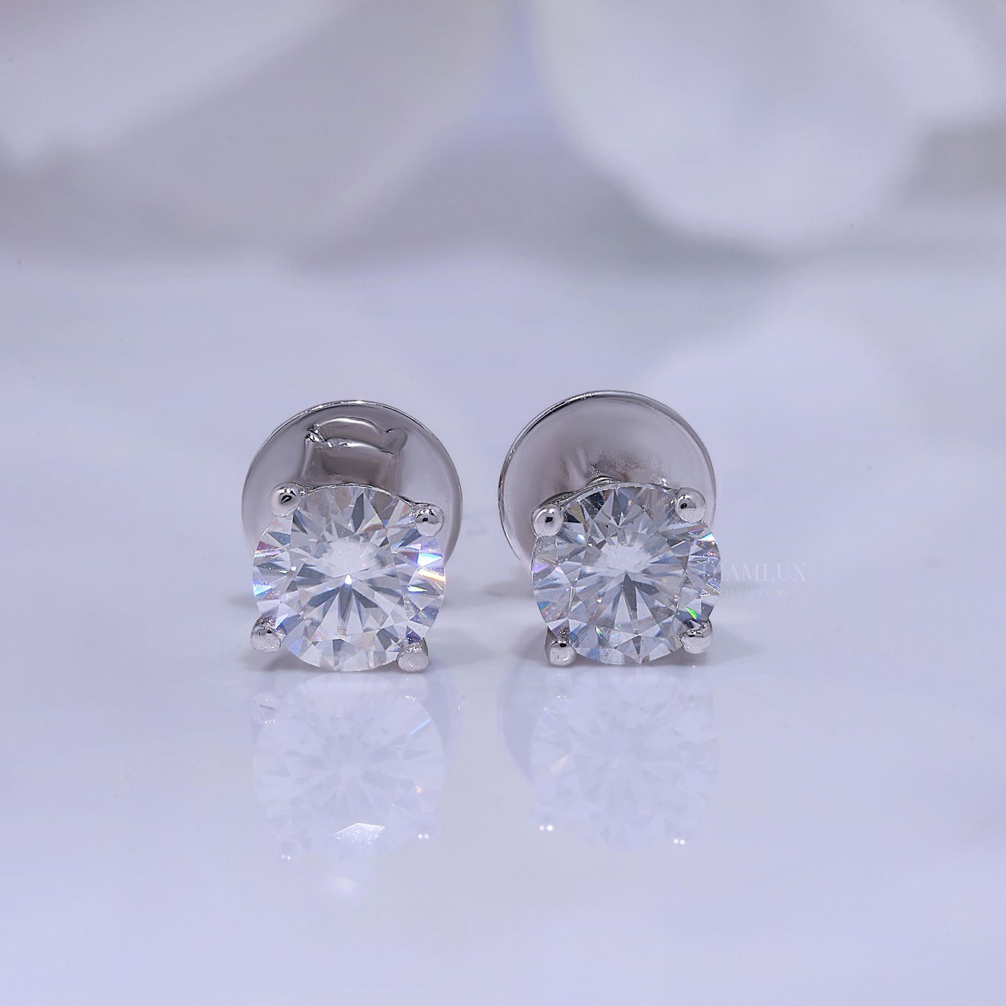 Classic Round Brilliant Cut Diamond Stud Earrings in 14K White Gold Diamlux Fine Jewelry