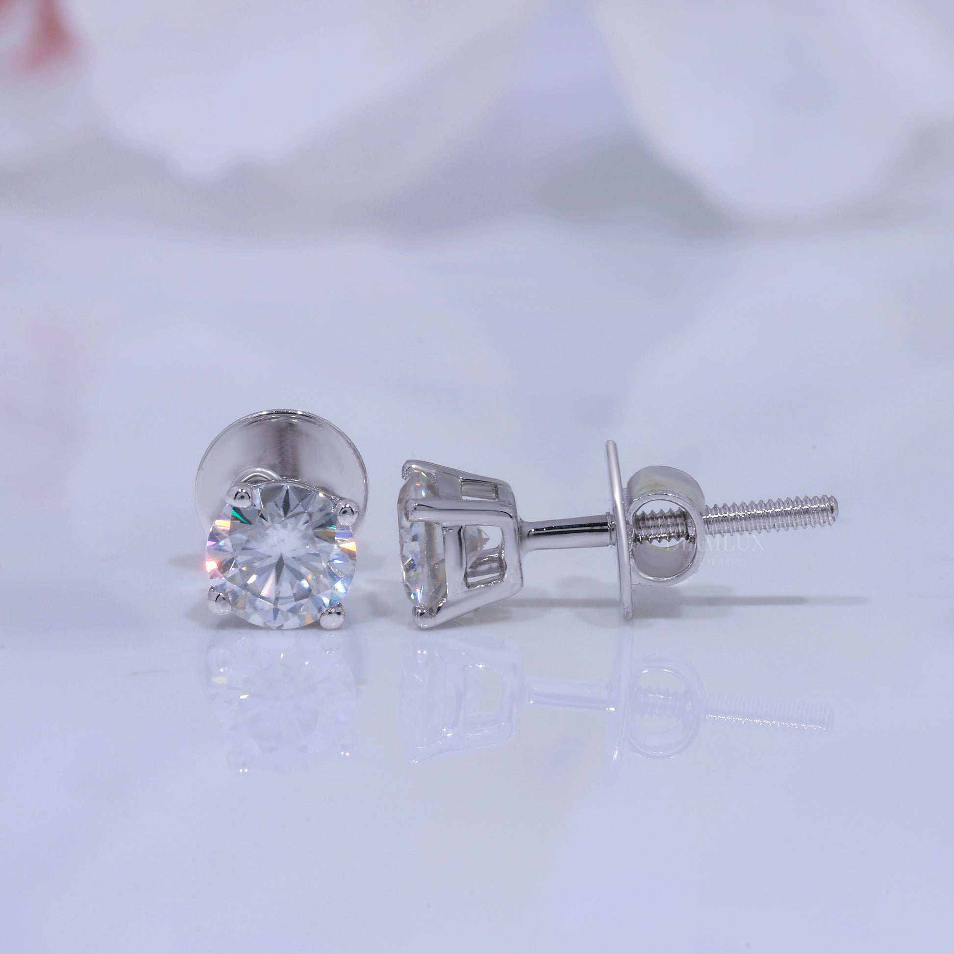 Classic Round Brilliant Cut Diamond Stud Earrings in 14K White Gold Diamlux Fine Jewelry