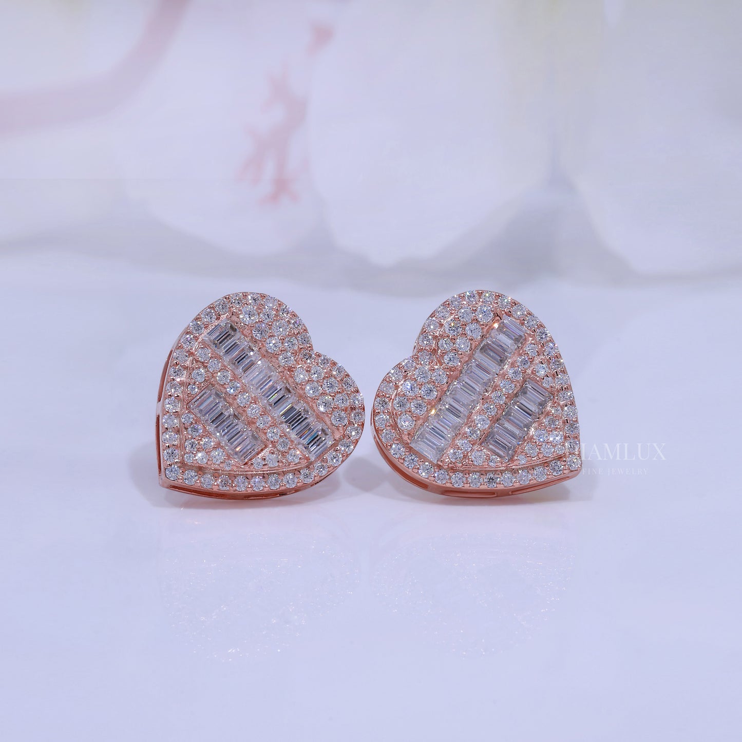 Rose Gold Heart Shape Earrings with Moissanite Diamonds Diamlux Fine Jewelry