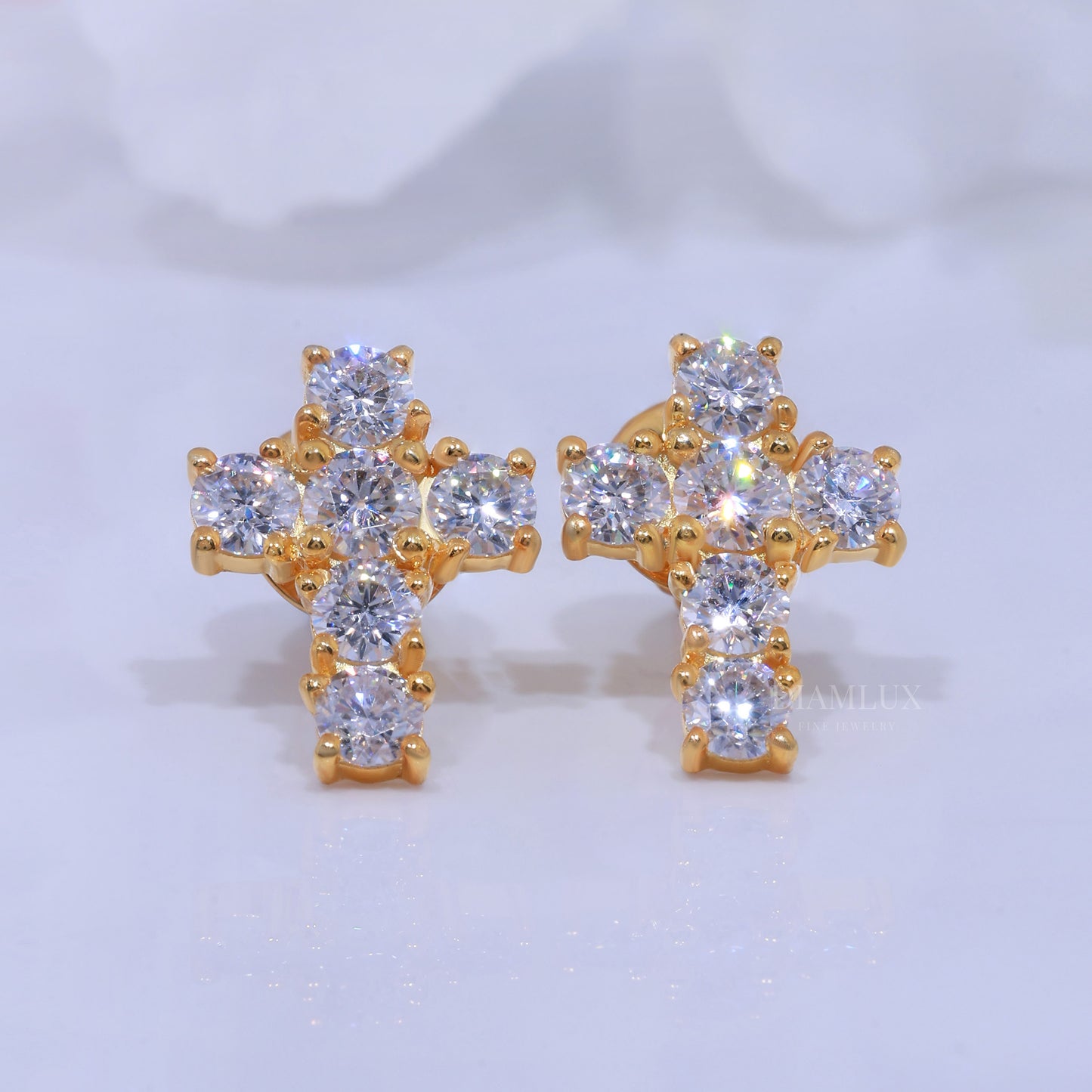 Yellow  Gold Brilliant Cut Halo Stud Earrings With Moissanite Diamonds Diamlux Fine Jewelry
