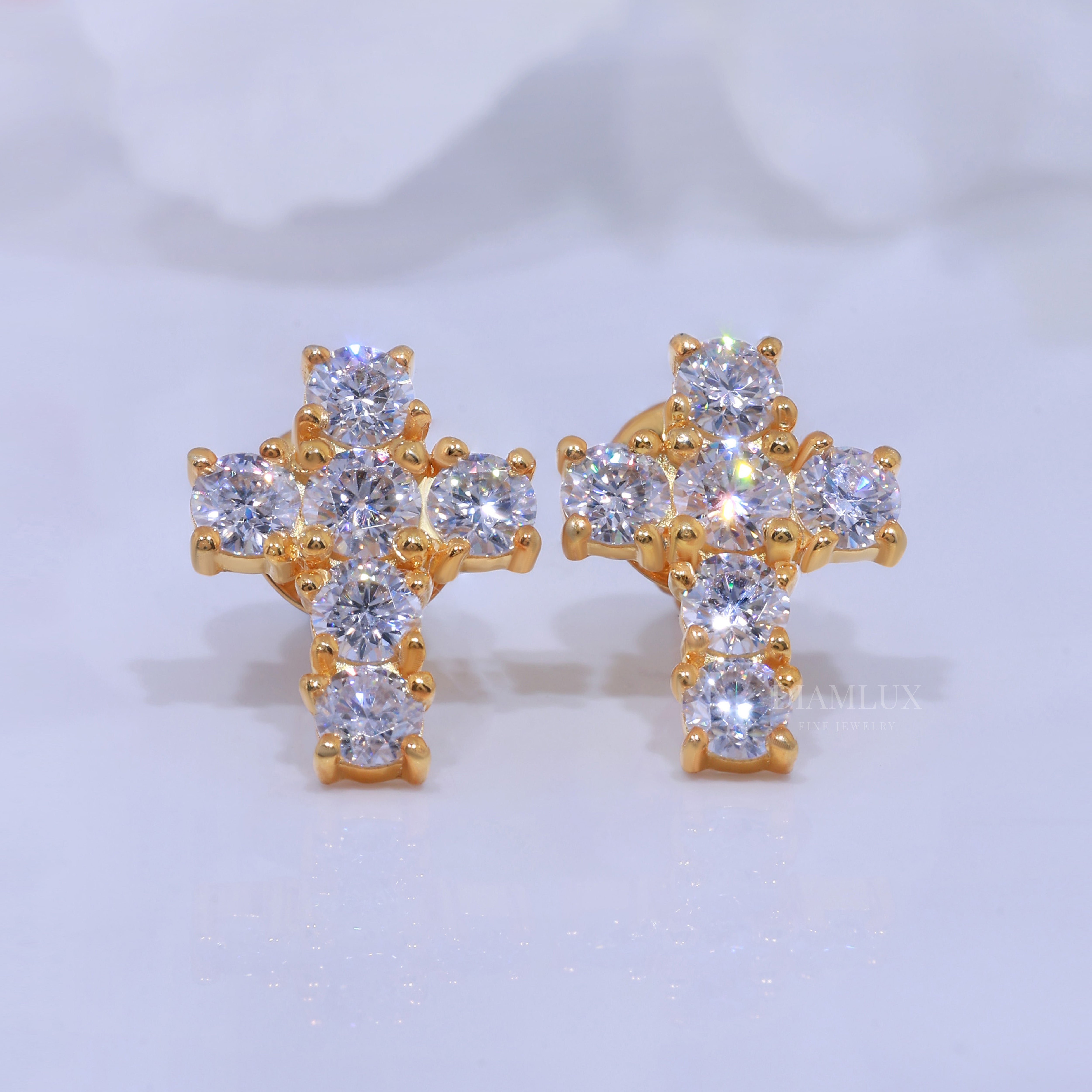 Yellow  Gold Brilliant Cut Halo Stud Earrings With Moissanite Diamonds Diamlux Fine Jewelry