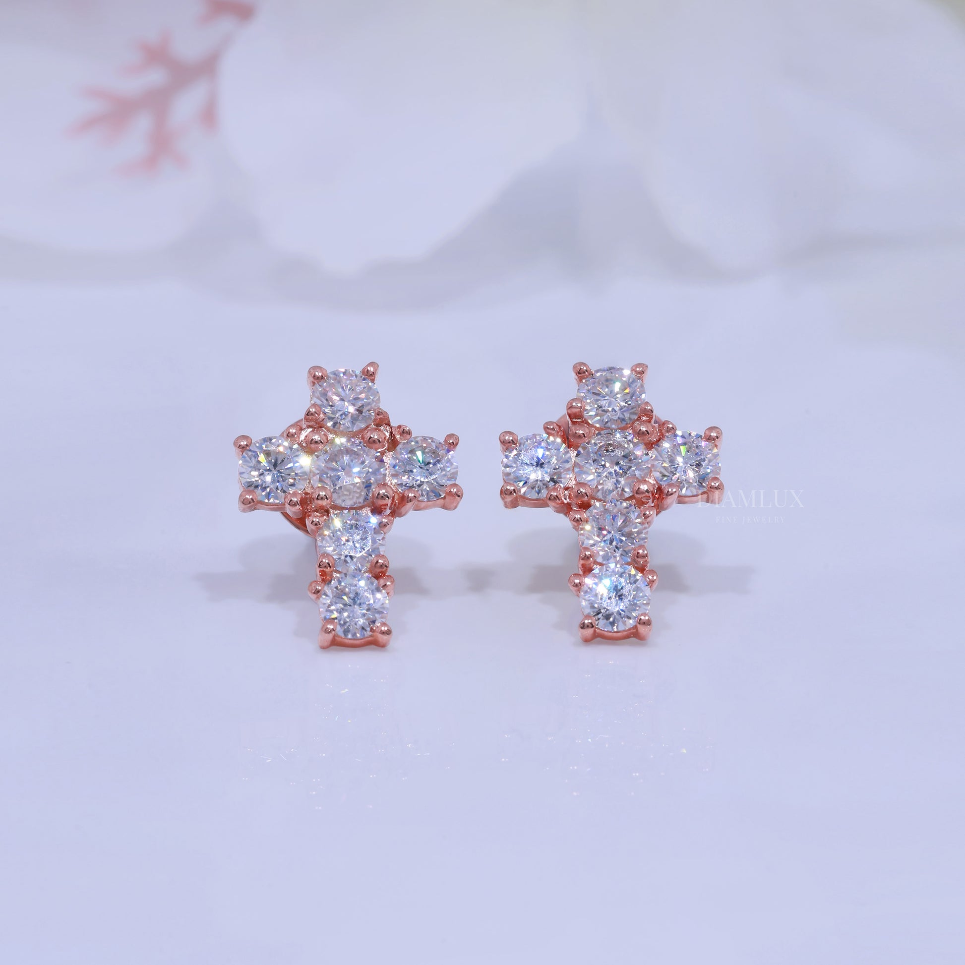 Rose Gold  Diamond Stud Cross Earrings with Moissanite Diamond Diamlux Fine Jewelry