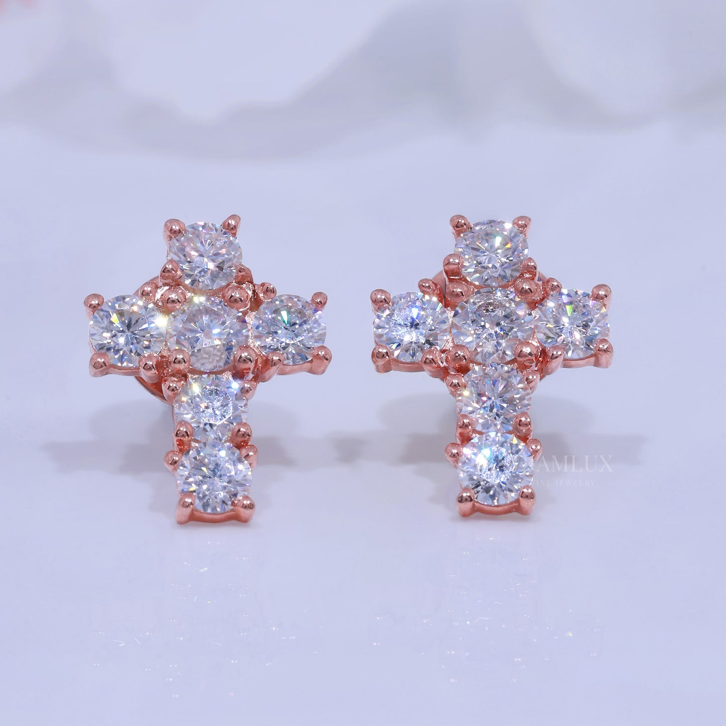 Rose Gold  Diamond Stud Cross Earrings with Moissanite Diamond Diamlux Fine Jewelry