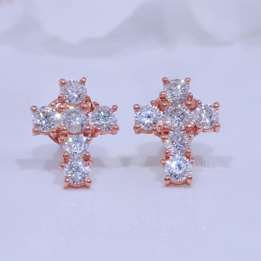Rose Gold  Diamond Stud Cross Earrings with Moissanite Diamond Diamlux Fine Jewelry
