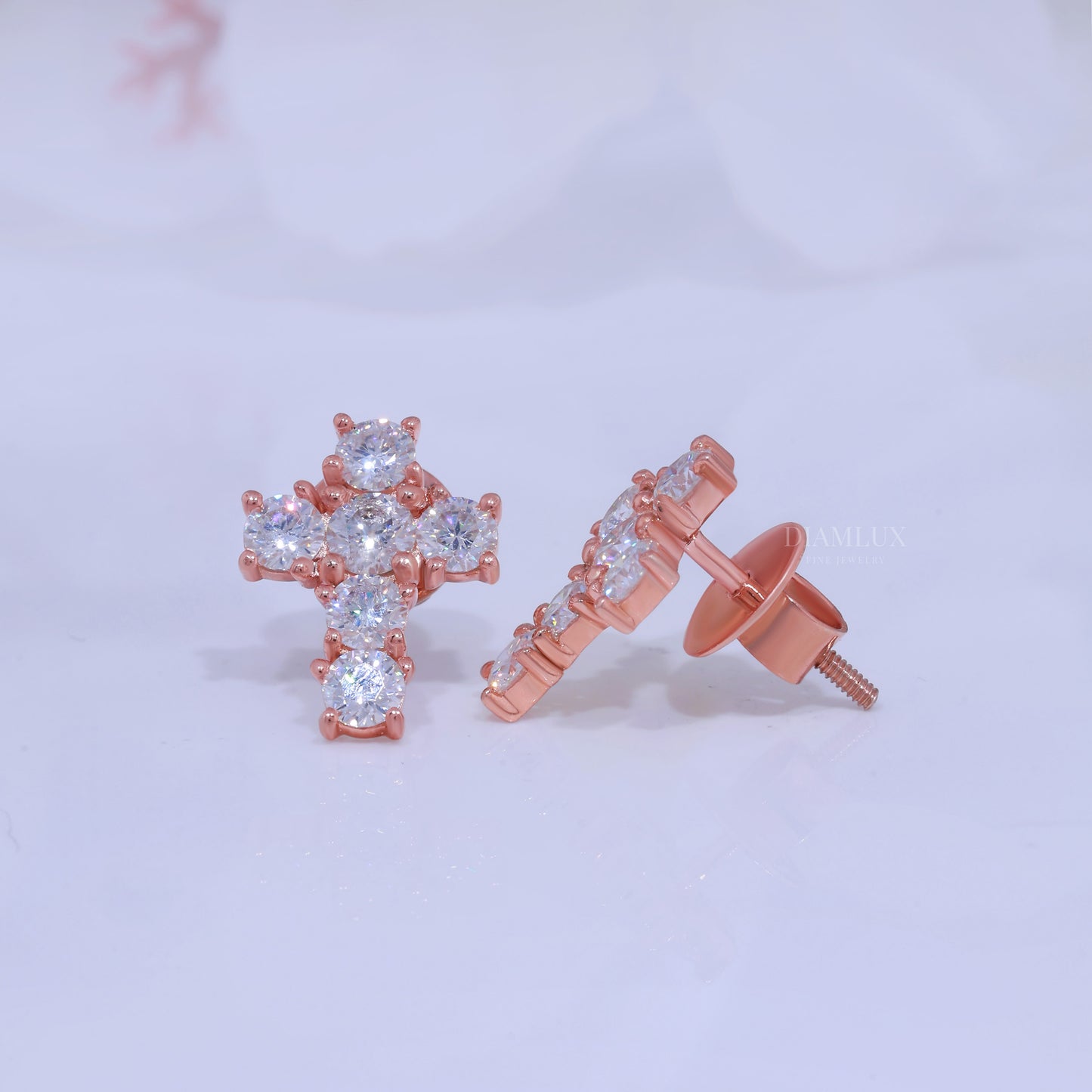 Rose Gold  Diamond Stud Cross Earrings with Moissanite Diamond Diamlux Fine Jewelry