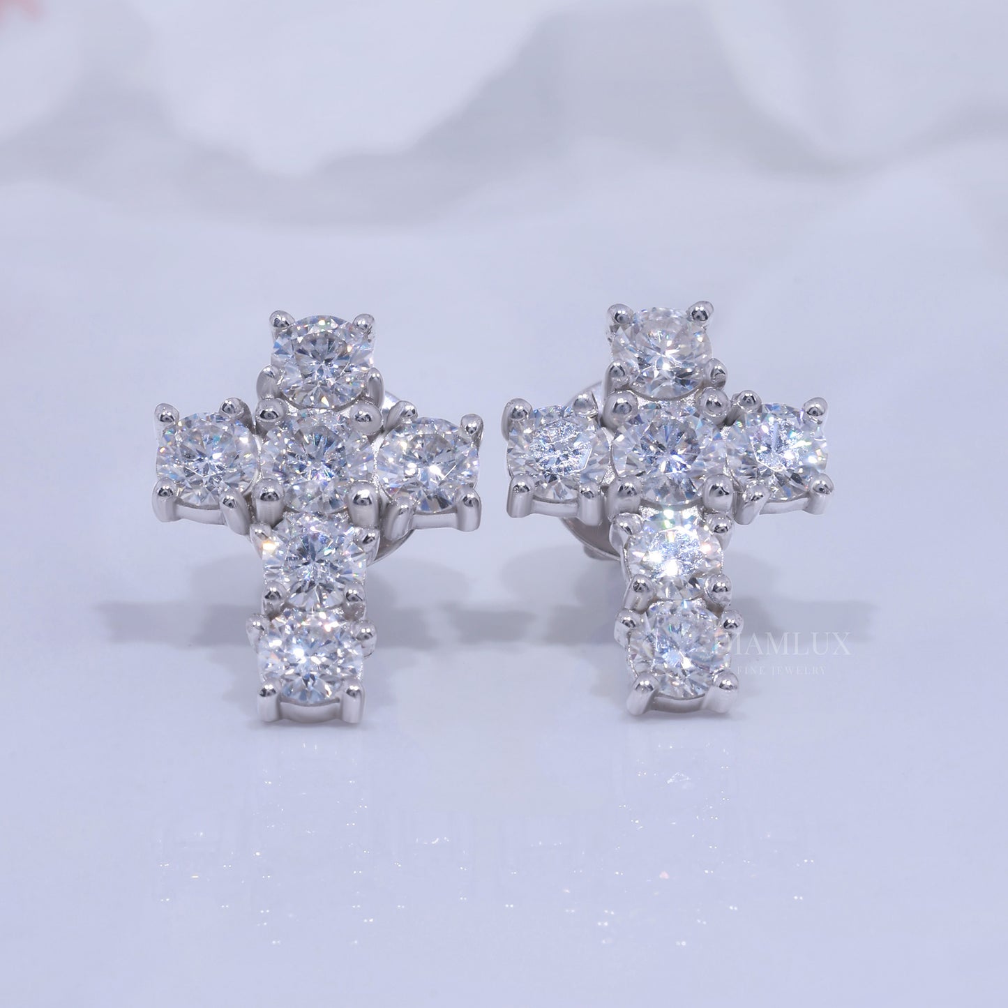 White Gold Diamond Stud Cross Earrings with Moissanite Diamonds Diamlux Fine Jewelry