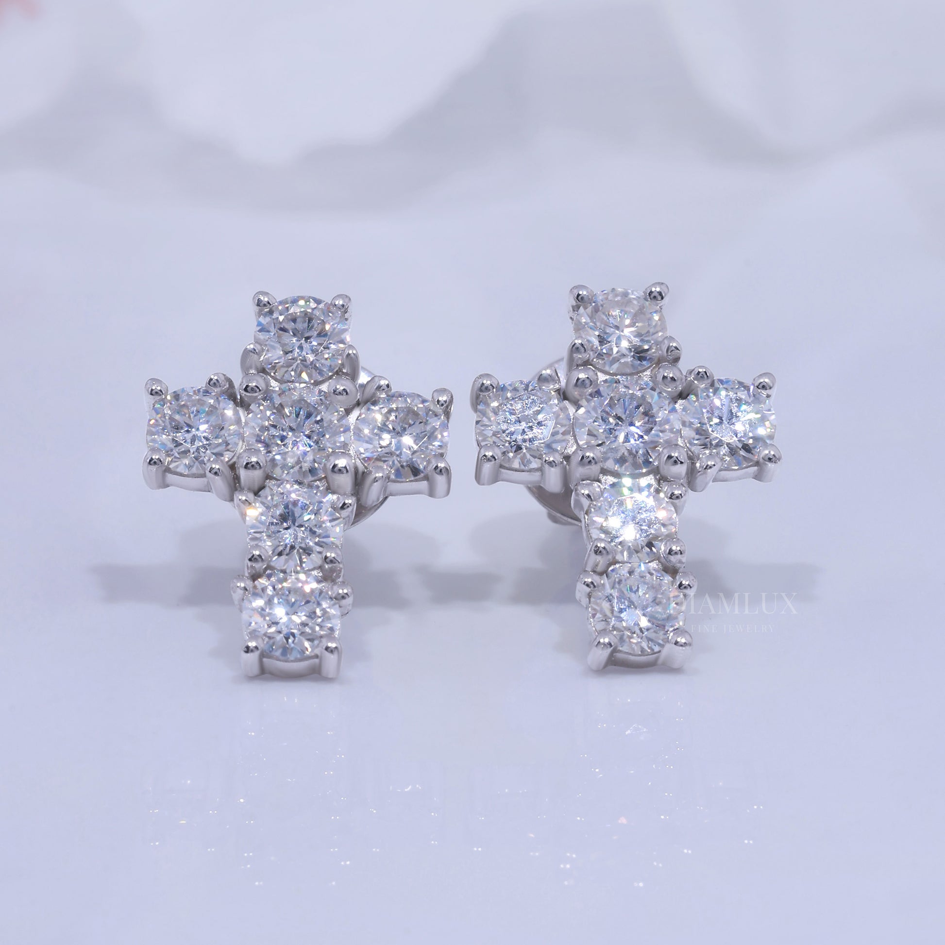 White Gold Diamond Stud Cross Earrings with Moissanite Diamonds Diamlux Fine Jewelry