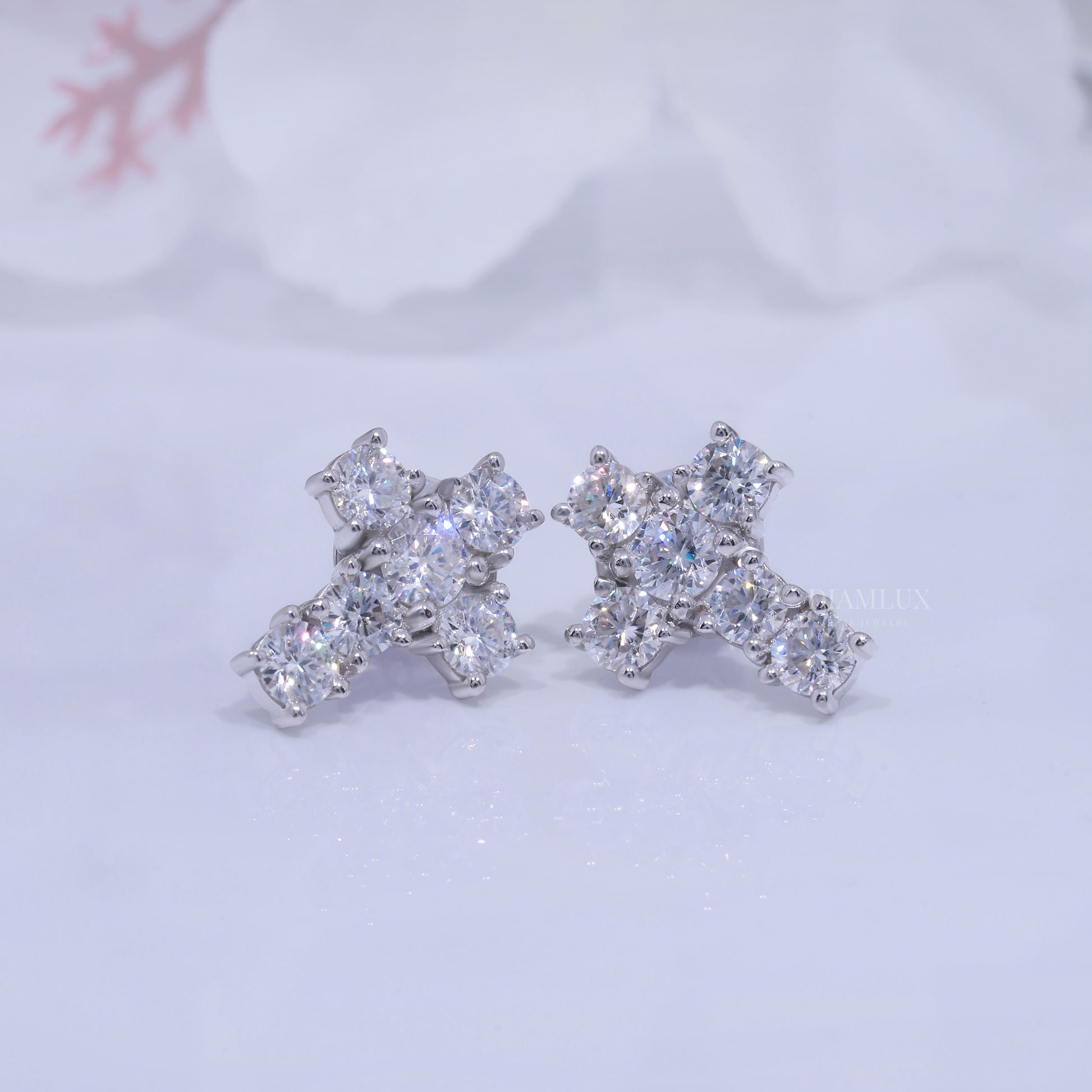 White Gold Diamond Stud Cross Earrings with Moissanite Diamonds Diamlux Fine Jewelry