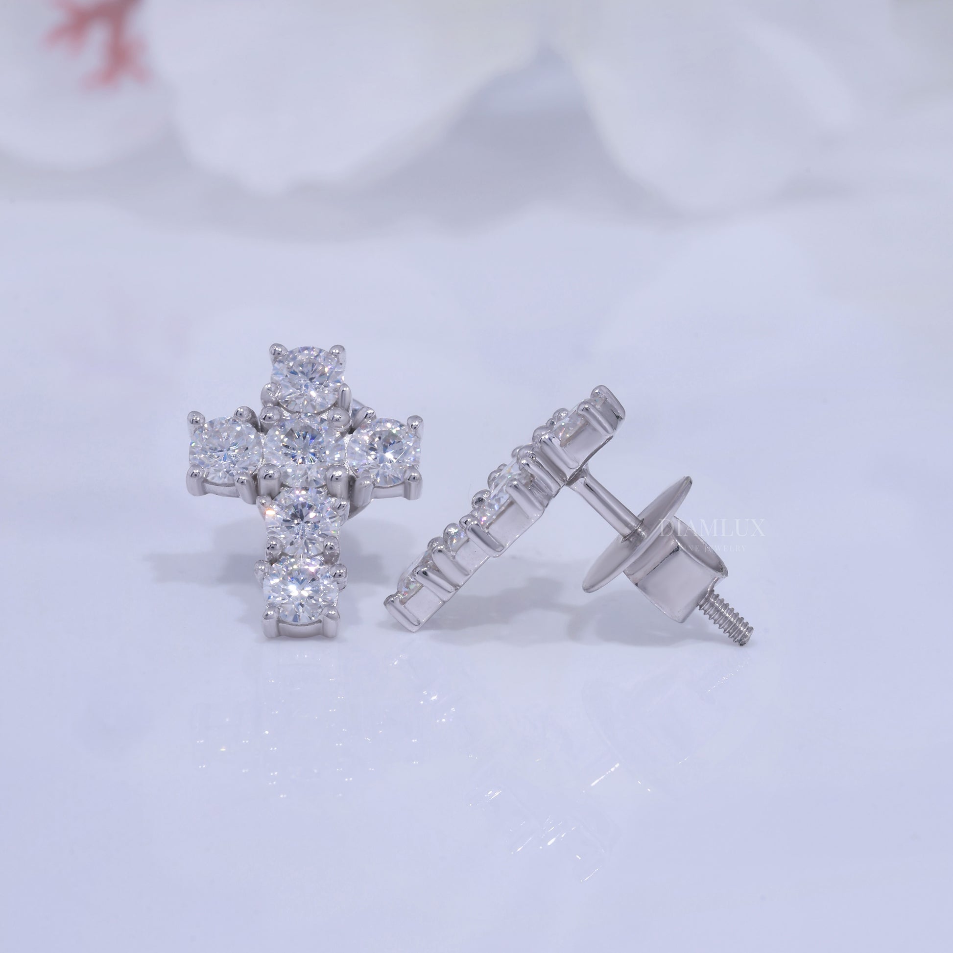 White Gold Diamond Stud Cross Earrings with Moissanite Diamonds Diamlux Fine Jewelry